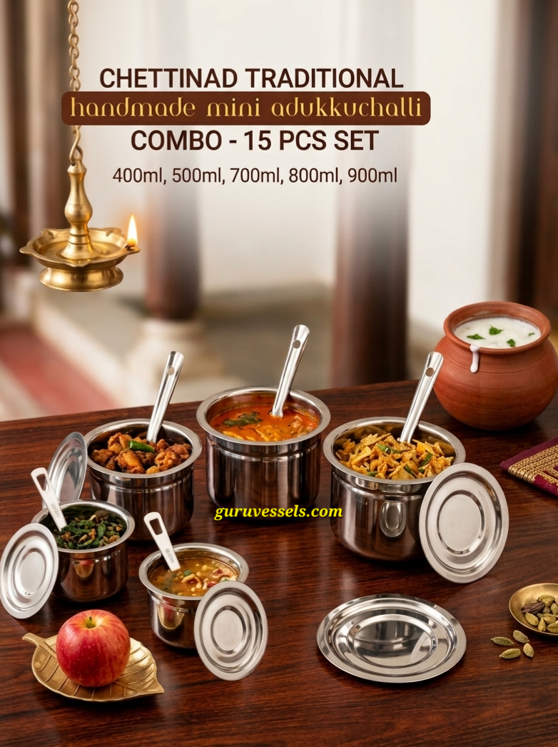 Chettinad Traditional Handmade Stainless Steel Mini Adukkuchatti Combo Set (15 Pcs Set)