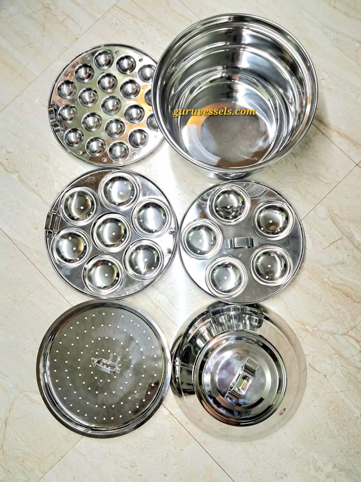 Premium Chettinad Idli Pot – Heavy Stainless Steel Traditional Idli Paanai 12 kuli & Idli Chatti | 6-Piece Set