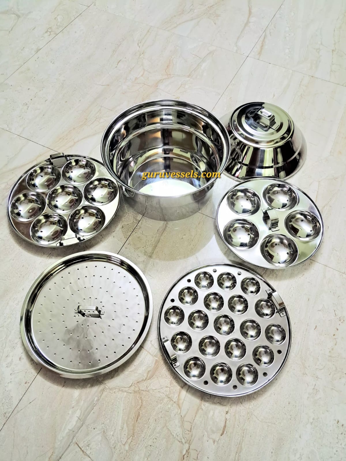 Premium Chettinad Idli Pot – Heavy Stainless Steel Traditional Idli Paanai 12 kuli & Idli Chatti | 6-Piece Set