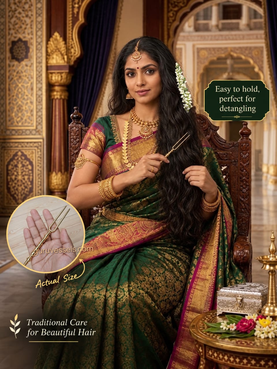 Traditional Indian royal-inspired  Queen woman using a premium pure brass hair detangler, heritage hair care tool