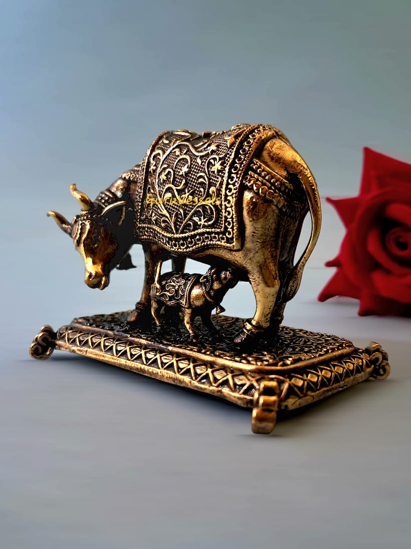 Gomata & Calf Brass Idol - Antique Finish for Home Decor/ Puja