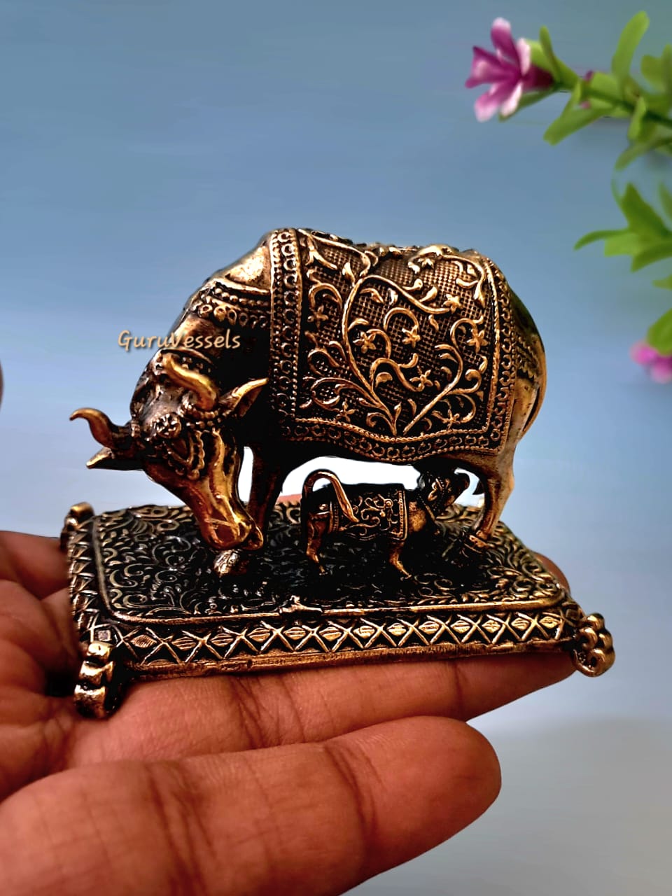 Gomata & Calf Brass Idol - Antique Finish for Home Decor/ Puja