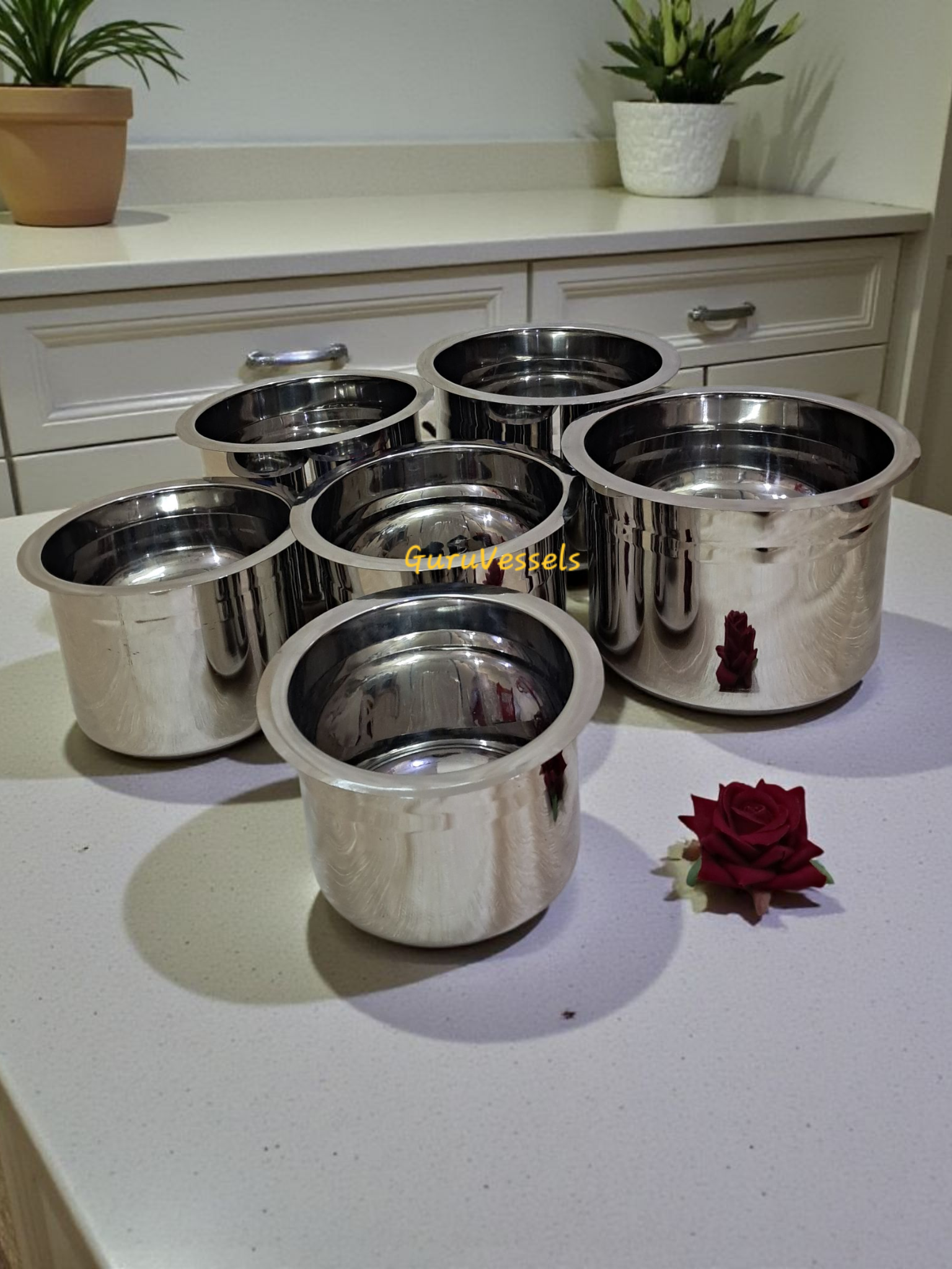 6 Pcs stainless steel Mirror Finished Karaikudi Chettinad Adukkuchatti 1.600 kg