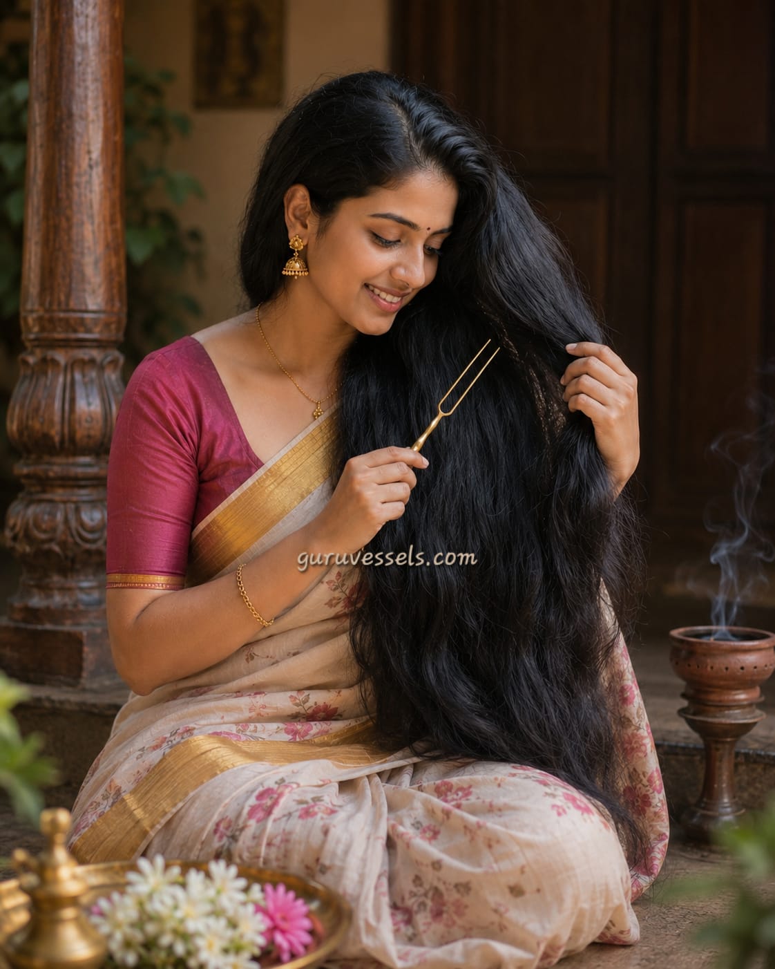 Woman in traditional attire combing her long hair in a serene setting.