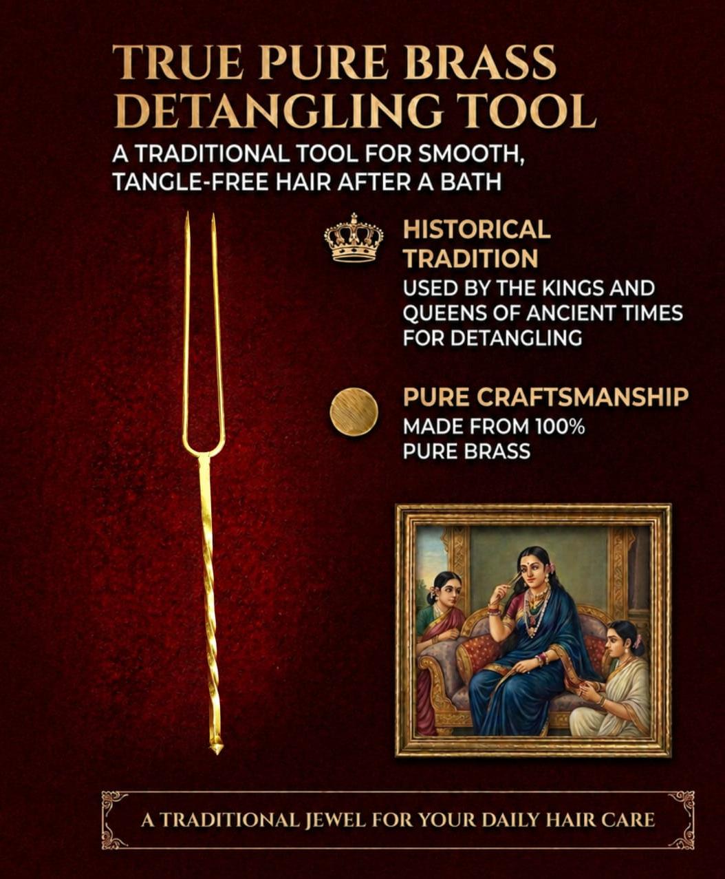 Traditional brass detangling tool with historical context on a dark background