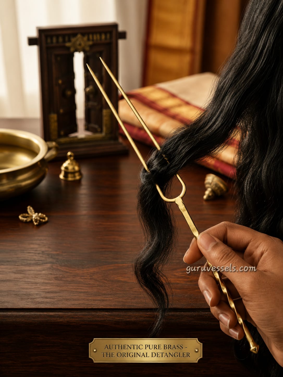 Person using a brass hair detangler on their hair with a wooden surface and decorative items in the background.